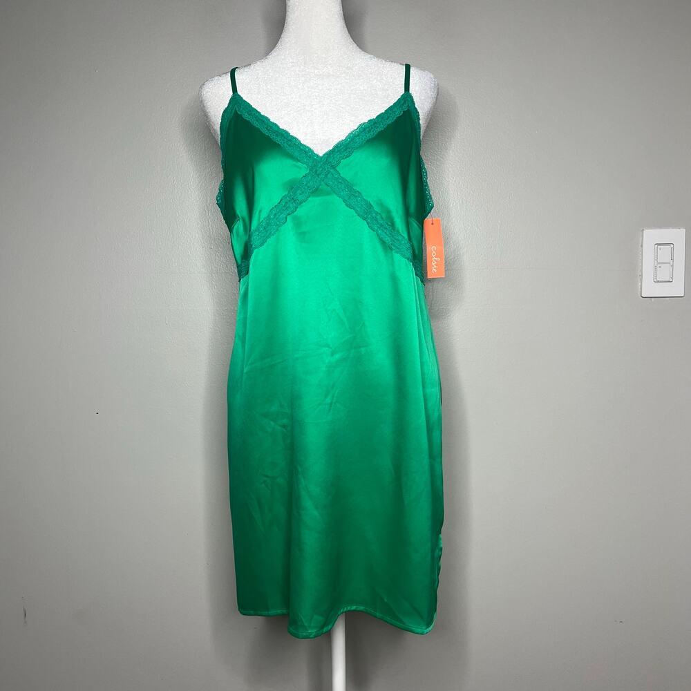 Women's Kelly Green Satin Nightgown Lace Trim Babydoll Sz M Fairy Y2K Jewel Tone